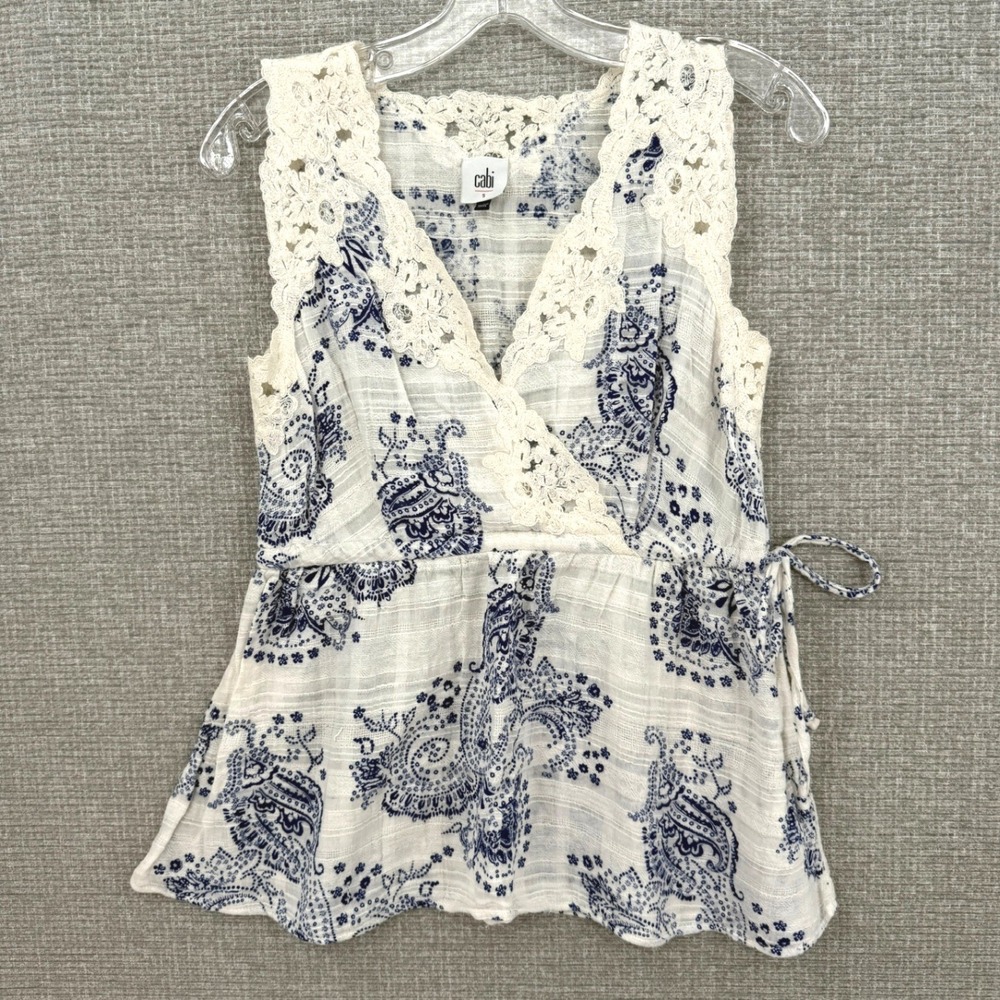 Cabi Sleeveless Paisley Wrap Top Women Small Cotton Crochet Trim Boho Cottage
